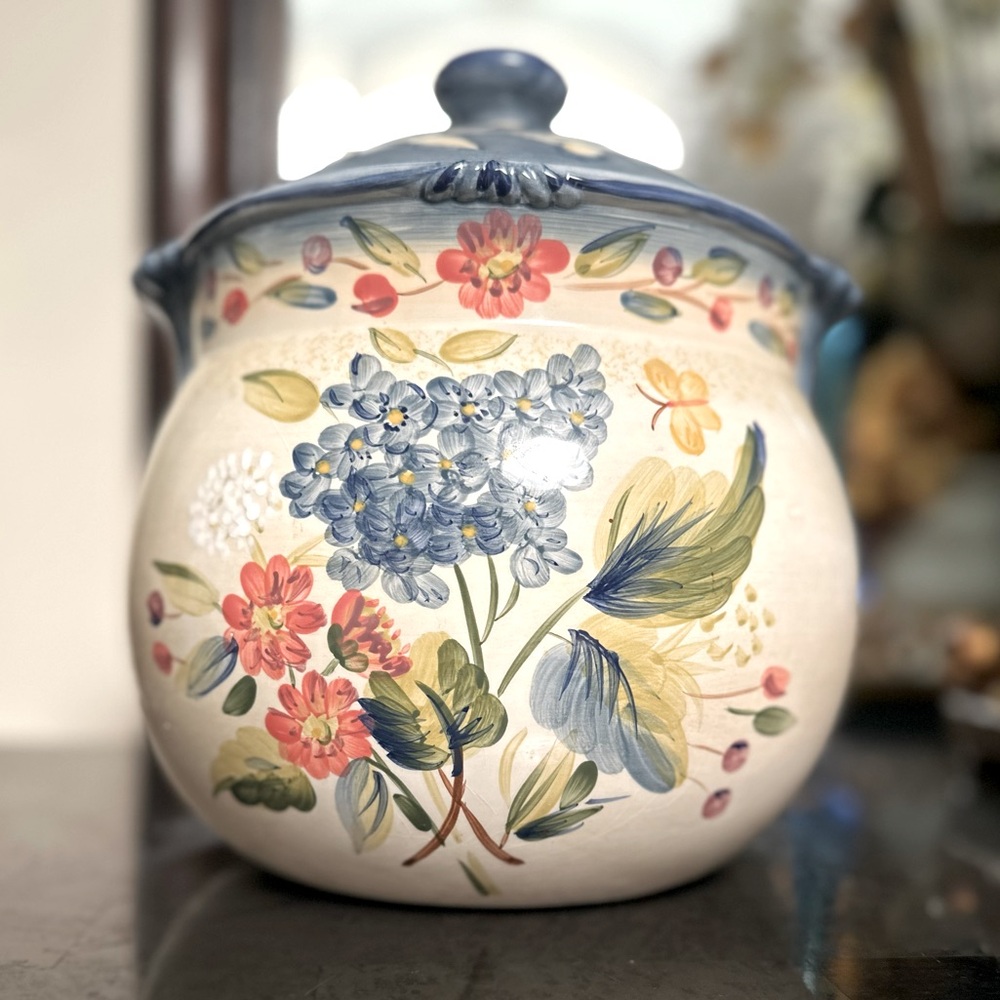 Large Certified International Flora Pamela Gladding Ceramic Canister.